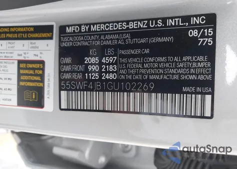 2016 Mercedes-Benz C 300 from USA, damaged, VIN 55SWF4JB1GU102269
